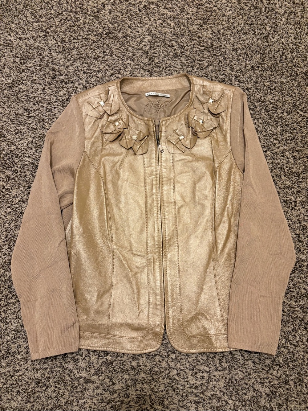 Vintage Peter Nygard Metallic Taupe Leather-Front Jacket with Floral Appliqués